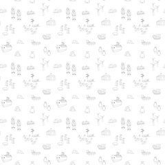 Polar station seamless pattern. Cute Cartoon arctic animals background. Vector Illustration.