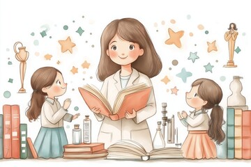 A charming watercolor illustration of a female mentor in a lab coat reading to two young girls, surrounded by books, scientific tools, and golden trophies, symbolizing education and inspiration