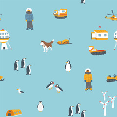 Polar station seamless pattern. Cute Cartoon arctic animals background. Vector Illustration.