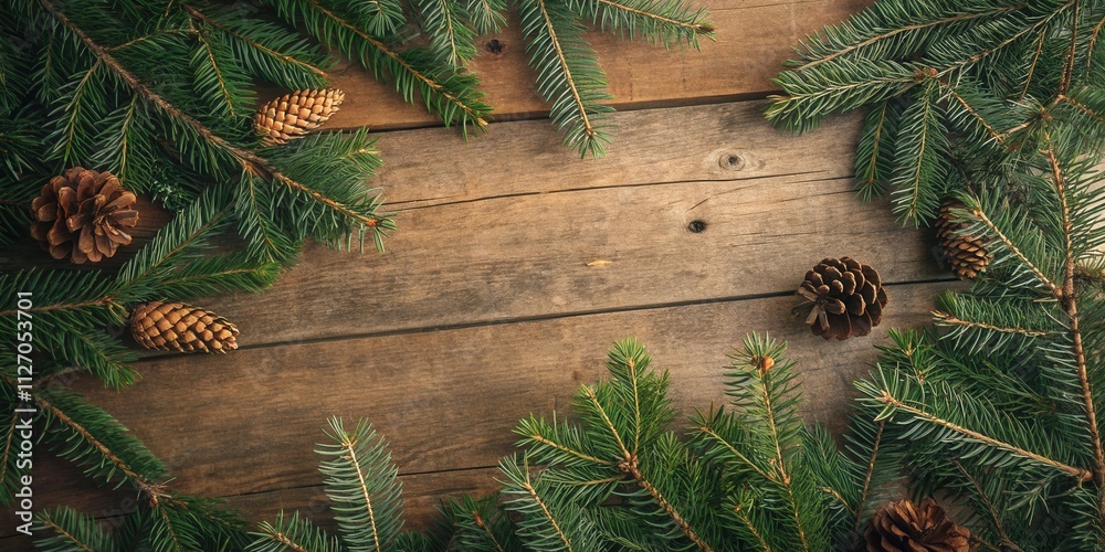 Poster A rustic wooden background adorned with lush evergreen branches and pinecones, creating a natural and festive backdrop.