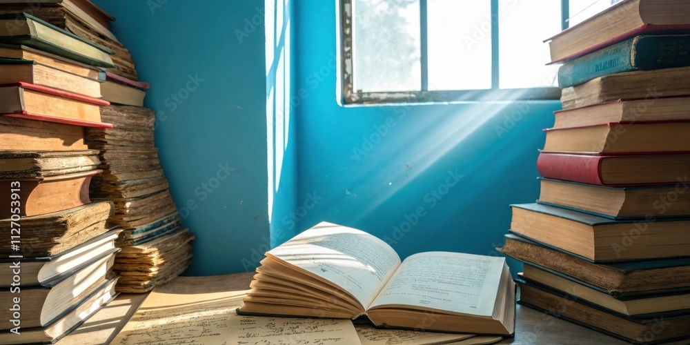 Aufkleber a single open book lies in the sunlight streaming through a window, surrounded by stacks of old and 