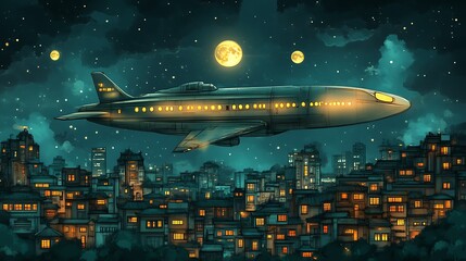 Fototapeta premium Airplane Flying Over Night Cityscape Under Moons And Stars