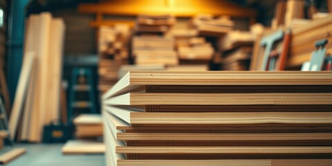 Obraz premium Neatly Stacked Wooden Planks in a Lumber Warehouse Ready for Construction Projects