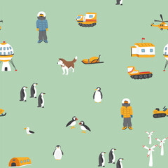 Fototapeta premium Polar station seamless pattern. Cute Cartoon arctic animals background. Vector Illustration.