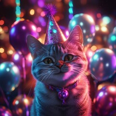 Adorable Cat Celebrating Birthday with Colorful Party Decorations