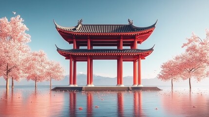 Fototapeta premium Tranquil asian pavilion surrounded by cherry blossoms and serene water reflection. Happy Chinese New Year
