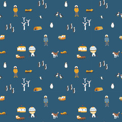 Polar station seamless pattern. Cute Cartoon arctic animals background. Vector Illustration.
