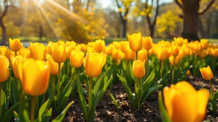 Obraz premium Vibrant yellow tulips bathed in golden sunlight, a breathtaking display of springtime beauty in a lush garden setting.