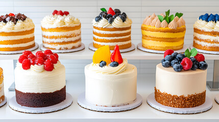 A variety of delicious cakes on display in a bakery. A display case full of cakes and pastries