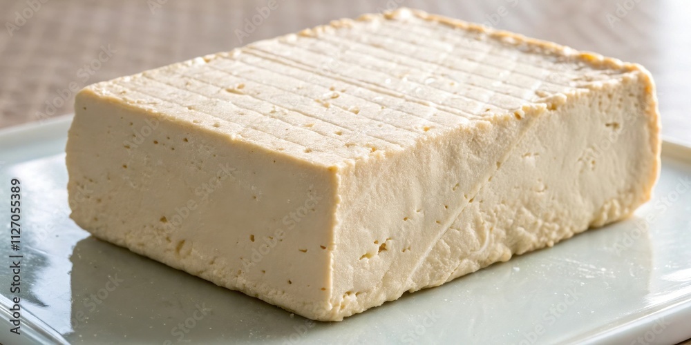 Poster a block of firm tofu sits on a white plate, ready for use in a variety of culinary creations.