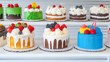 A variety of delicious cakes on display in a bakery. A display case full of cakes and pastries
