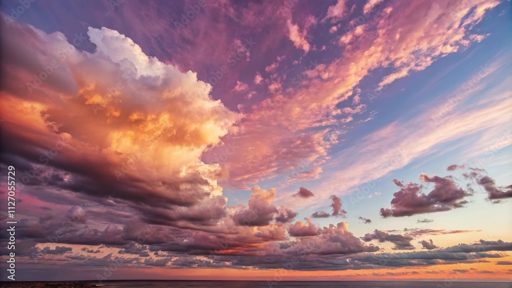 Poster a dramatic sky with a large, fluffy cloud reflecting the setting sun, casting a vibrant glow on the 
