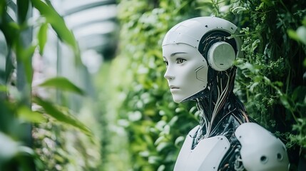 A humanoid robot stands amidst lush greenery, blending technology with nature.