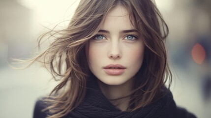 Serene Beauty: Portrait of Young Woman with Wind-Swept Hair