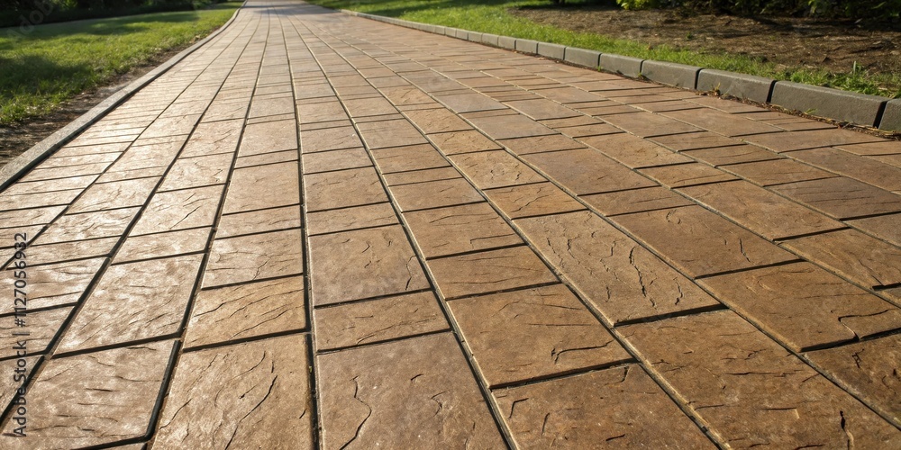 Poster A Perspective View of a Brick Pathway with a Recessed Border and Softly Lit Natural Grass on Either Side