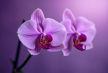 Delicate purple orchids bloom against soft purple backdrop.