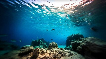 underwater scene with reef and fishes