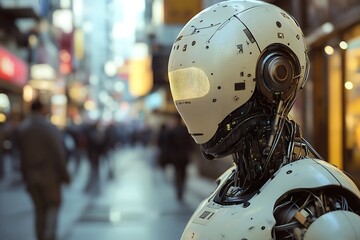Fototapeta premium A futuristic robot stands in a bustling urban environment, showcasing advanced technology.