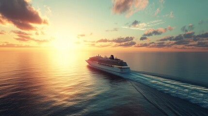 Fototapeta premium Cruise ship sailing at sunset on calm ocean waters.