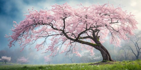 A solitary cherry tree in full bloom, its branches reaching out like arms, gracefully bowing over a lush green meadow, bathed in the soft glow of a misty morning