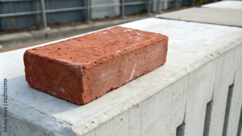 Aufkleber a single red brick rests on a concrete block, a simple yet powerful symbol of construction