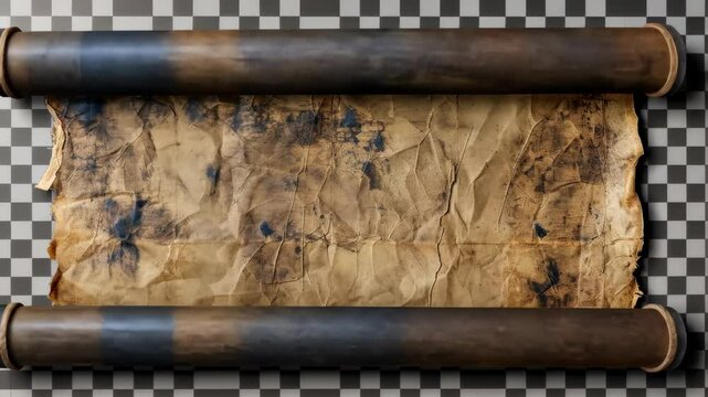 Ancient scroll with intricate details and a weathered appearance resting on a checkerboard background