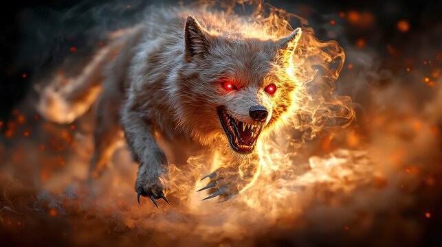 1. A spooky and mischievous creature with sharp fangs, glowing red eyes, and long claws, surrounded by swirling shadows and fog, ready to terrify unsuspecting trick or treaters on Halloween night.