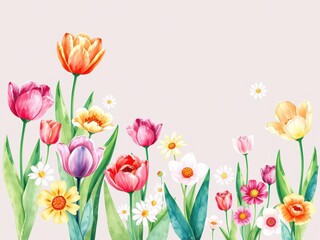 Colorful watercolor illustration of various flowers including roses, tulips, and daisies on a white background, colorful, garden, tulips