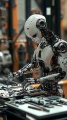 Fototapeta premium A humanoid robot assembling mechanical parts in a workshop setting.