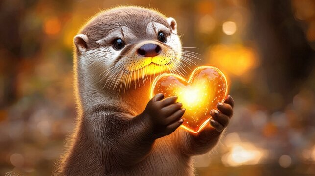 An adorable baby otter with big eyes and a sweet smile is holding a heart in its paws, looking lovingly at the viewer