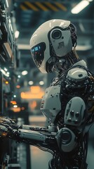 A humanoid robot interacting with machinery in a futuristic industrial setting.