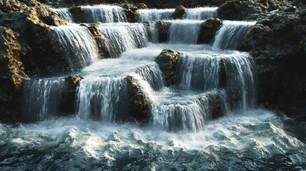 Hyperreal view of a cascading series of waterfalls. Cascade. Illustration