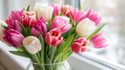 Fototapeta premium A vibrant bouquet of pink, white, and red tulips arranged in a clear glass vase, showcasing the delicate beauty of nature's colors.