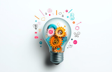 light bulb filled with colorful gears and creative icons symbolizes innovation and ideas. This vibrant image represents fusion of technology and creativity in business