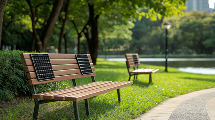 Lush green park featuring modern solar powered benches beside serene lake. tranquil setting invites relaxation and enjoyment of nature beauty