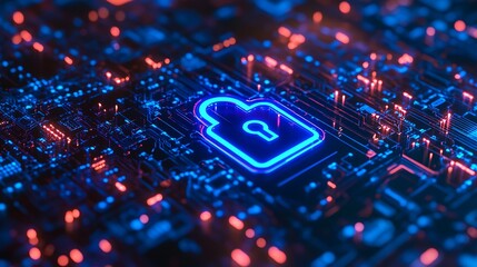 Fototapeta premium A digital lock symbol on a circuit board, representing cybersecurity and data protection.