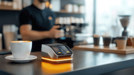 mobile payment terminal on cafe counter with coffee cup. modern design enhances customer experience in vibrant coffee shop atmosphere