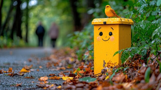 The yellow box with a face on it sits perched on the path, its expression seeming to convey a mix of curiosity and mischief as if inviting passersby to stop and ponder its presence.