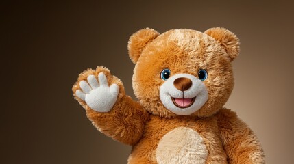 Obraz premium The stuffed animal features a soft, plush body with a paw raised in a playful and welcoming gesture, adding an endearing touch to its adorable appearance.