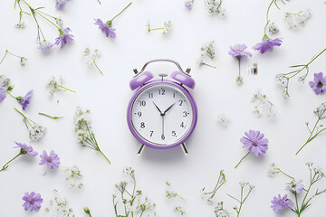 Daylight Saving Time Begins pattern. Vintage Alarm Clock in a Flower Field at Sunrise Time and Nature Concept Stock Image