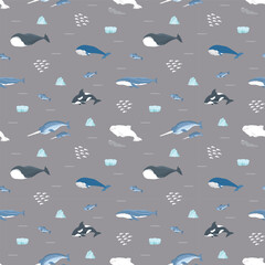 Polar sea animals seamless pattern. Cute Cartoon arctic animals, marine animals and fish, background. Vector Illustration.