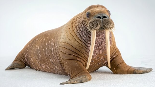 The image depicts a large, tusked marine mammal known as a walrus, which is characterized by its thick, wrinkled skin, prominent tusks, and flippers