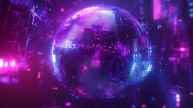 A glowing disco ball with holographic reflections, surrounded by vibrant neon lights.