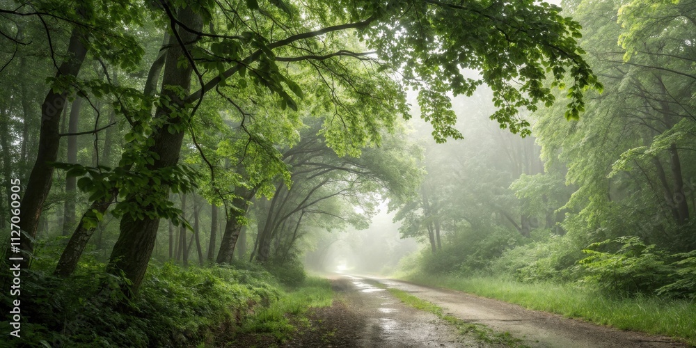 Poster A winding path through a misty forest, sunlight filtering through the leaves, creating a sense of serenity and tranquility.