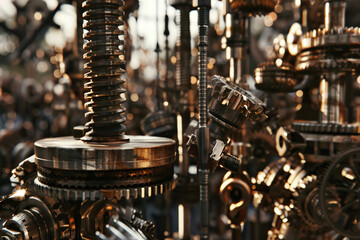 Fototapeta premium Polished metal cogs and bolts suspended in mid-air, casting bold reflections on dark steel