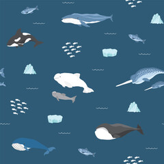 Polar sea animals seamless pattern. Cute Cartoon arctic animals, marine animals and fish, background. Vector Illustration.