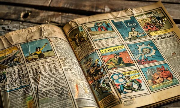 Vintage comic book on wooden table, faded colors, torn pages