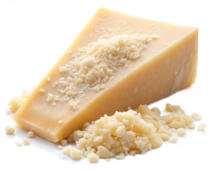 parmesan cheese with crumbled piece on white background 