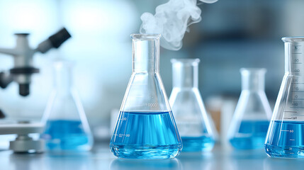 set of glass beakers filled with blue liquid and steam rising, showcasing laboratory environment. scene conveys sense of scientific exploration and experimentation