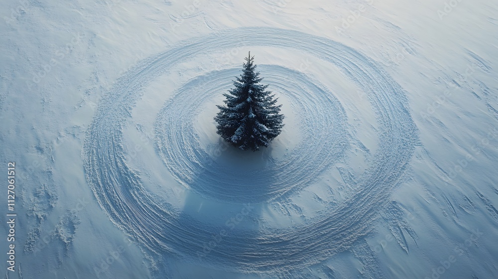 Poster aerial abstraction of a minimal christmas tree surrounded by circular trails in the snow, giving a u